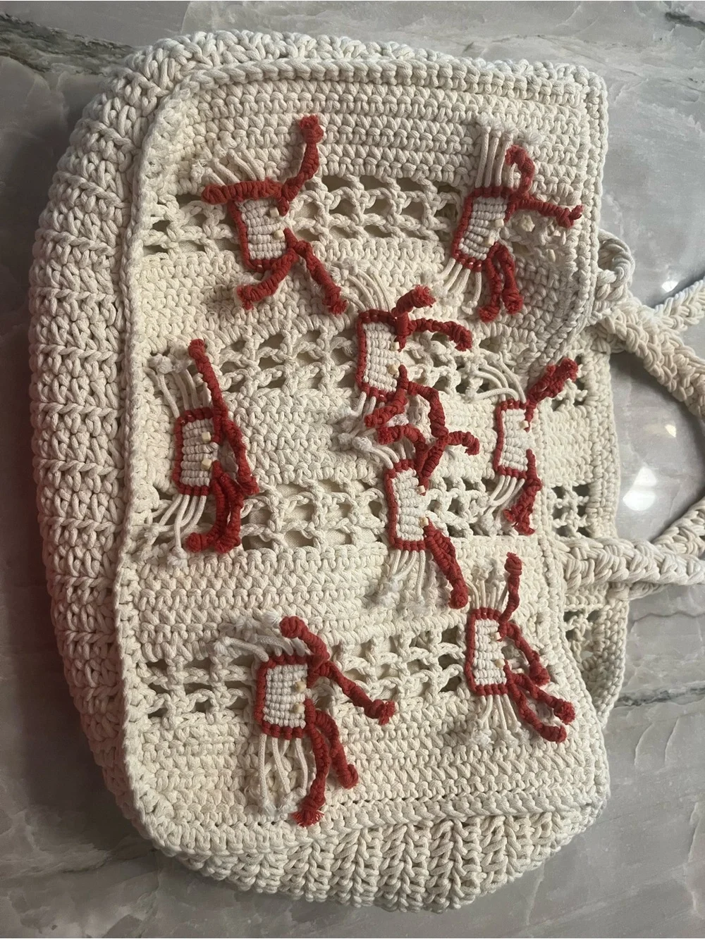 Cream Crochet Satchel with Red crab Accent Details